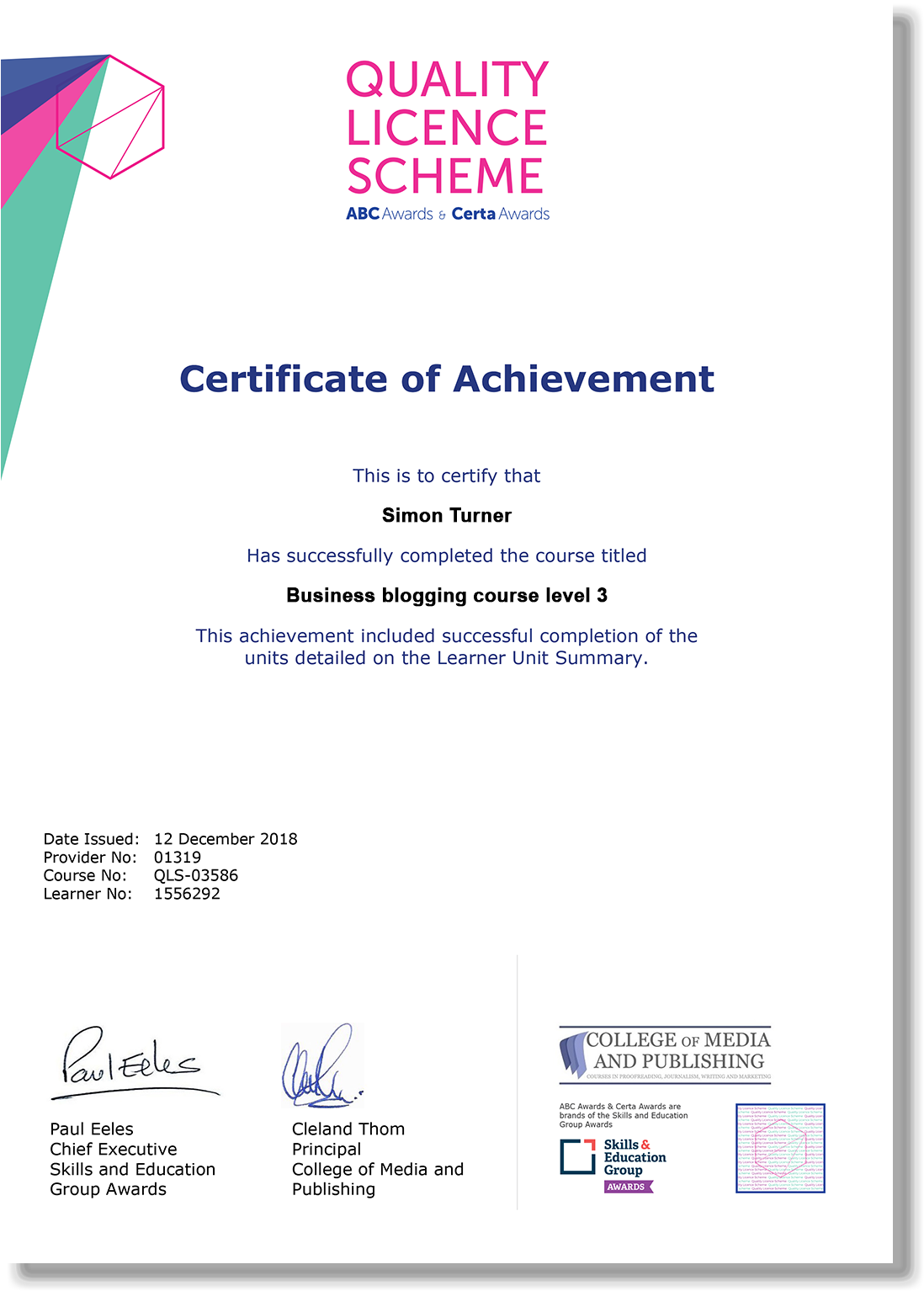 Our Business Blogging Course Has Been Independently - Abc Awards And Certa Awards Quality Licence Scheme (1164x1591), Png Download