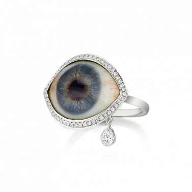 Diamond Halo Natural Eye With Tear Finger Ring Image - Maria Tash Eye Ring (376x490), Png Download