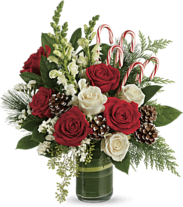 Christmas Bouquet Of Red And Creme Flowers And Pine - Teleflora Festive Pines (368x460), Png Download