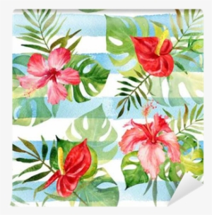 Seamless Pattern With Watercolor Tropical Flowers And - Printing PNG ...