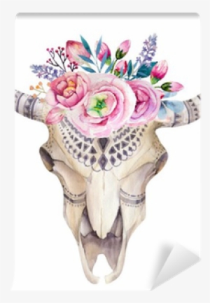 Watercolor Cow Skull With Flowers And Feathers Decoration - Cow And ...