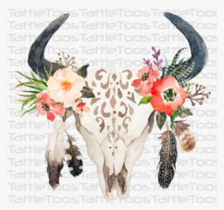 Watercolor Cow Skull With Flowers And Feathers Decoration - Cow And ...