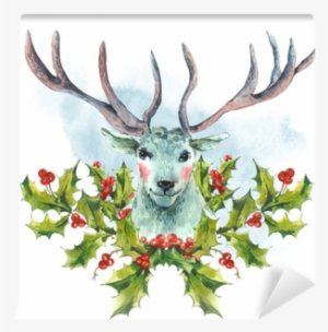 Watercolor Greeting Card, Snow White Deer With Holly - Greeting Card ...